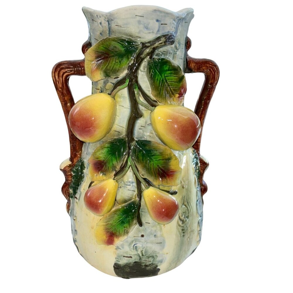 Antique Majolica Birch Tree Vase with applied Pears and Leaves 11
